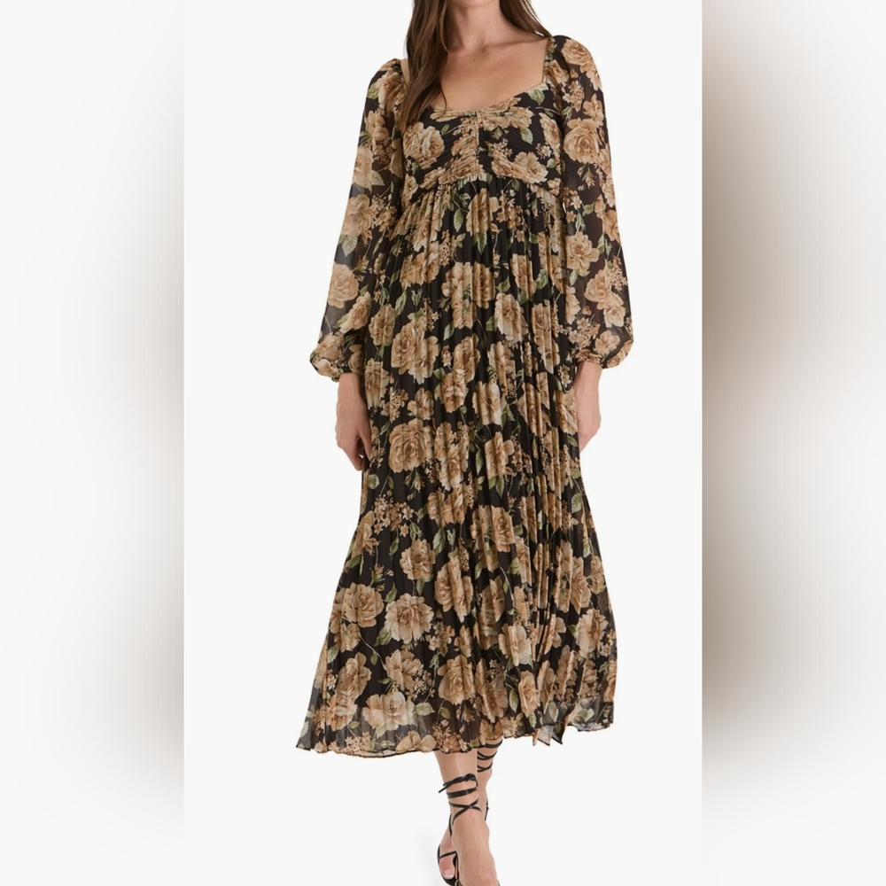August Sky Floral Long Sleeve Empire Waist Maxi Dress Large